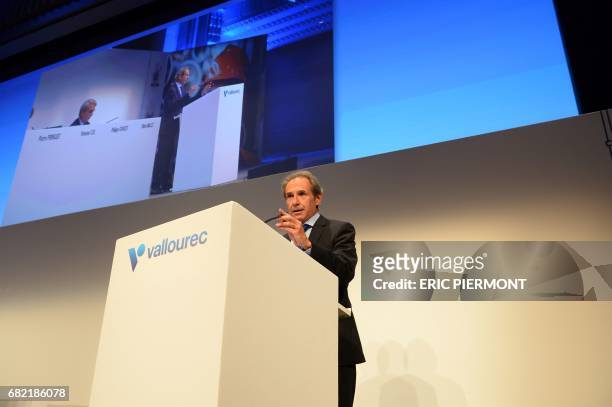 French steel group Vallourec Chairman of the Management Board Philippe Crouzet addresses the group's general assembly in Paris on May 12, 2017. / AFP...