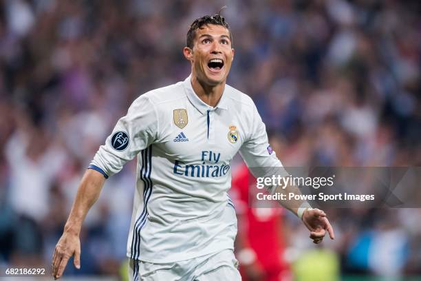 Cristiano Ronaldo of Real Madrid celebrates during their 2016-17 UEFA Champions League Quarter-finals second leg match between Real Madrid and FC...