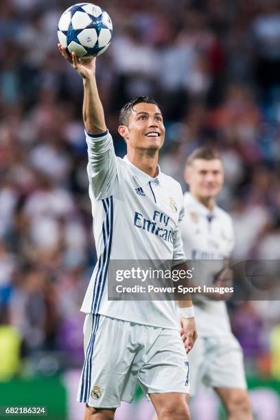 Cristiano Ronaldo of Real Madrid celebrate winning after their 2016-17 UEFA Champions League Quarter-finals second leg match between Real Madrid and...