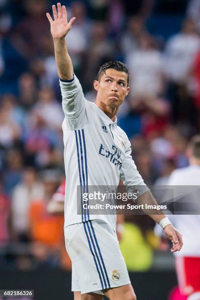 Cristiano Ronaldo of Real Madrid celebrates winning after their 2016-17 UEFA Champions League Quarter-finals second leg match between Real Madrid and...