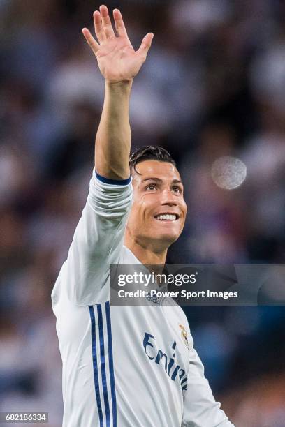 Cristiano Ronaldo of Real Madrid celebrates winning after their 2016-17 UEFA Champions League Quarter-finals second leg match between Real Madrid and...