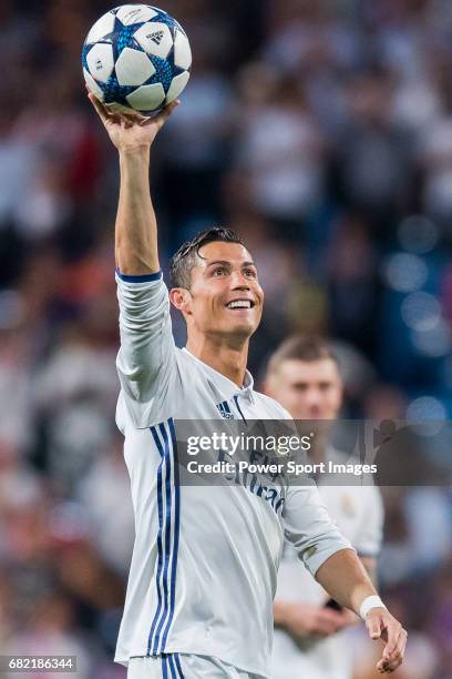 Cristiano Ronaldo of Real Madrid celebrates winning after their 2016-17 UEFA Champions League Quarter-finals second leg match between Real Madrid and...