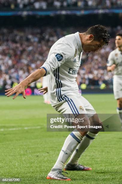 Cristiano Ronaldo of Real Madrid celebrates during their 2016-17 UEFA Champions League Quarter-finals second leg match between Real Madrid and FC...