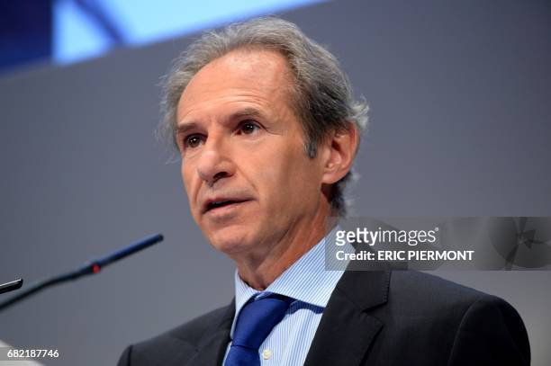 French steel group Vallourec Chairman of the Management Board Philippe Crouzet addresses the group's general assembly in Paris on May 12, 2017. / AFP...