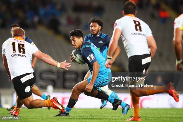 Reiko Ioane of the Blues makes a break out during the round 12 Super Rugby match between the Blues and the Cheetahs at Eden Park on May 12, 2017 in...