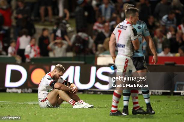 Jack de Belin looks dejected after defeat during the round 10 NRL match between the St George Illawarra Dragons and the Cronulla Sharks at UOW...