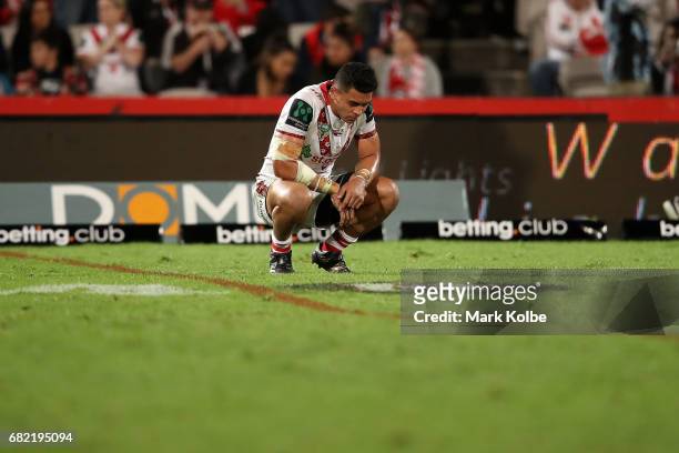 Tim Lafai of the Dragons looks dejected after defeat during the round 10 NRL match between the St George Illawarra Dragons and the Cronulla Sharks at...
