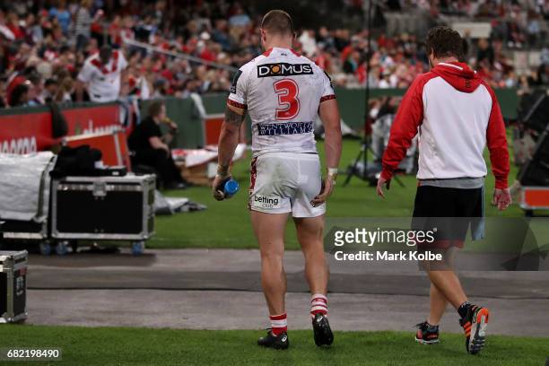 Euan Aitken of the Dragons leaves the filed with an injury during the round 10 NRL match between the St George Illawarra Dragons and the Cronulla...