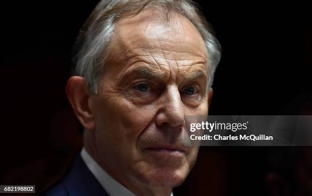 Former British Prime Minister Tony Blair addresses the media after attending the European People's Party Group Bureau meeting at Druids Glen on May...