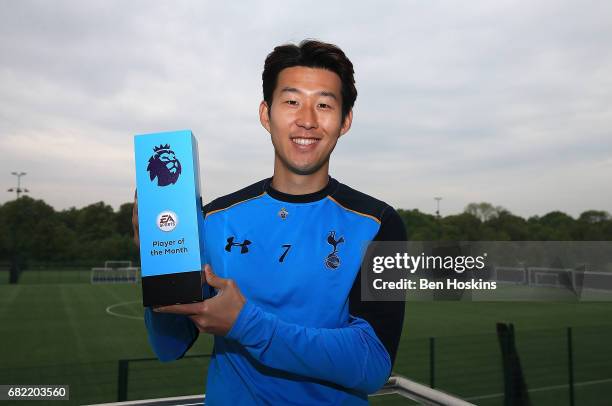 Son Heung-min of Tottenham Hotspur poses with his EA Sports Player of the Month award on May 11, 2017 in Enfield, England.