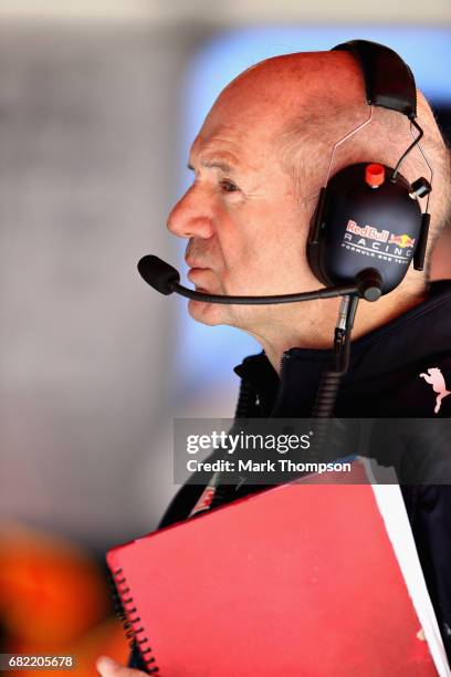 Adrian Newey, the Chief Technical Officer of Red Bull Racing in the garage during practice for the Spanish Formula One Grand Prix at Circuit de...