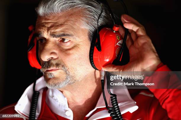 Ferrari Team Principal Maurizio Arrivabene in the garage during practice for the Spanish Formula One Grand Prix at Circuit de Catalunya on May 12,...