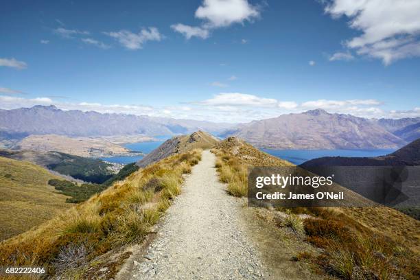 empty hiking path with distant mountains and lakes - new zealand landscape stock pictures, royalty-free photos & images