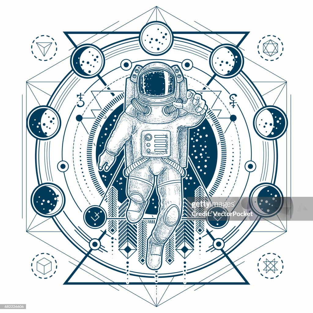 Dibujo Vectorial De Un Tatuaje Con Astronauta En Un Traje Espacial Y Fases De La Luna Ilustración de stock - Getty Images Dibujo Vectorial De Un Tatuaje Con Astronauta En Un Traje Espacial Y Fases De La Luna Ilustración de stock - Getty Images