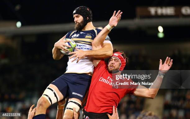 Scott Fardy of the Brumbies wins line out ball during the round 12 Super Rugby match between the Brumbies and the Lions at GIO Stadium on May 12,...