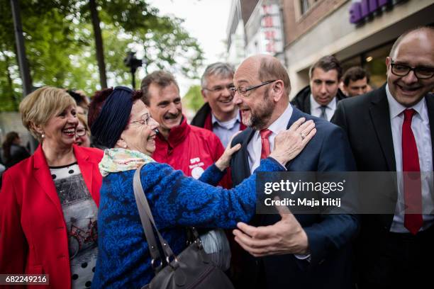 Martin Schulz, leader of the German Social Democrats greet supporters during his SPD campaign prior state elections in North Rhine-Westphalia on May...