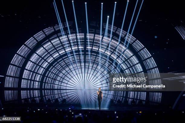 Representing Israel, performs the song "I Feel Alive" during the rehearsal for the second semi final of the 62nd Eurovision Song Contest at...