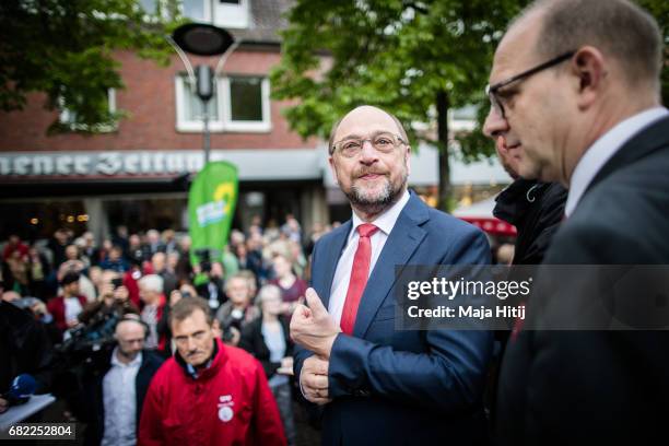 Martin Schulz, leader of the German Social Democrats speaks during his SPD campaign prior state elections in North Rhine-Westphalia on May 12, 2017...