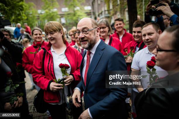 Martin Schulz, leader of the German Social Democrats greet supporters during his SPD campaign prior state elections in North Rhine-Westphalia on May...