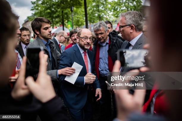 Martin Schulz, leader of the German Social Democrats talks to supporters during his SPD campaign prior state elections in North Rhine-Westphalia on...