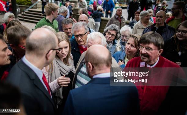 Martin Schulz, leader of the German Social Democrats talks to his supporters during his SPD campaign prior state elections in North Rhine-Westphalia...