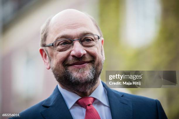 Martin Schulz, leader of the German Social Democrats smiles during his SPD campaign prior state elections in North Rhine-Westphalia on May 12, 2017...