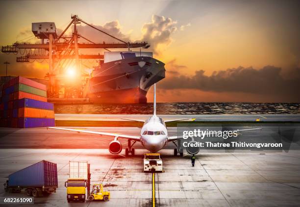 airplane shipping delivery transfer with logistics and transportation of container cargo ship and cargo plane - port airport imagens e fotografias de stock