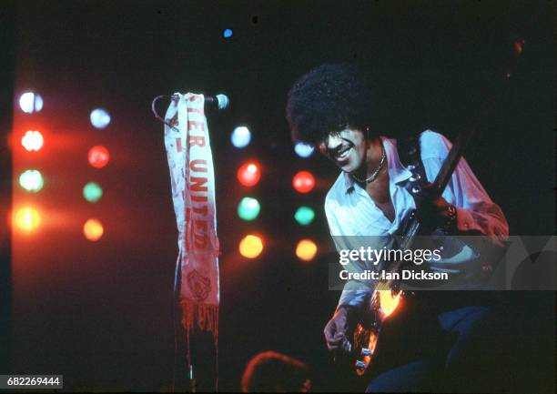 Phil Lynott of Thin Lizzy performing on stage at Hammersmith Odeon, London, 16 November 1976.