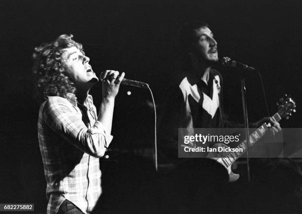 Roger Daltrey and Pete Townshend of The Who performing on stage on the Quadrophenia tour, London, 1973.