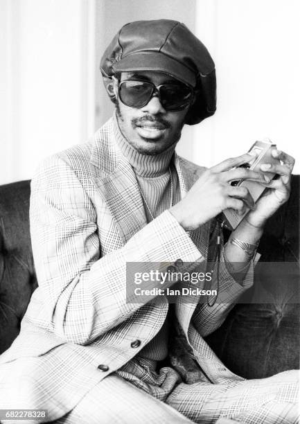 Stevie Wonder is interviewed after arriving in London for a series of concerts after recoering from a serious car accident, January 1974.