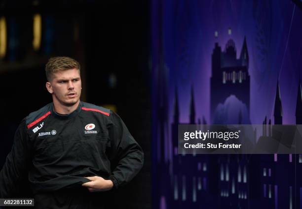 Saracens player Owen Farrell makes his way onto the field for the captains run before the 2017 European Rugby Champions Cup Final at Murrayfield...