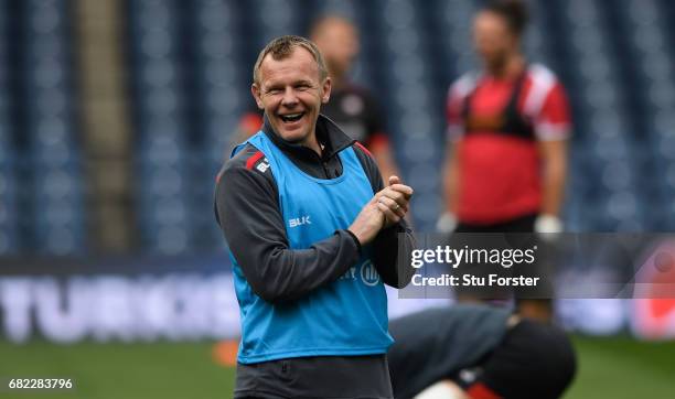 Saracens director of Rugby Mark McCall reacts during the captains run before the 2017 European Rugby Champions Cup Final at Murrayfield Stadium on...