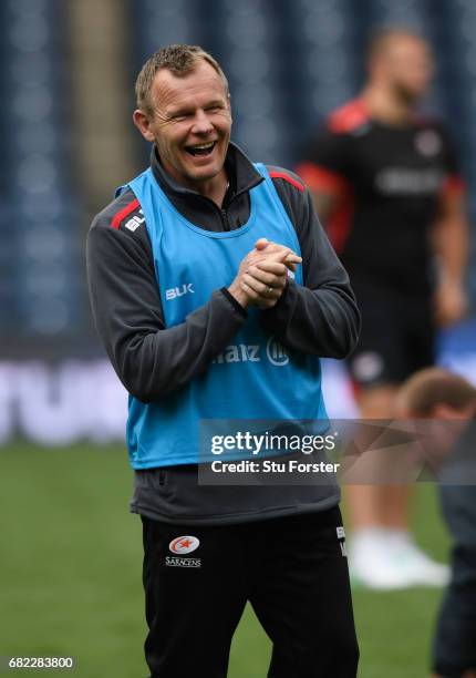 Saracens director of Rugby Mark McCall reacts during the captains run before the 2017 European Rugby Champions Cup Final at Murrayfield Stadium on...