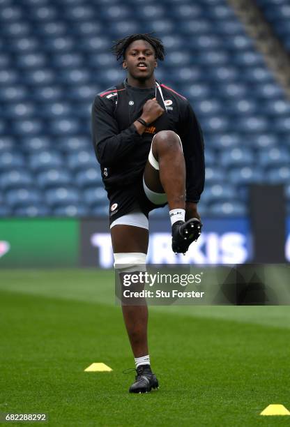 Saracens player Maro Itoje in action during the captains run before the 2017 European Rugby Champions Cup Final at Murrayfield Stadium on May 12,...