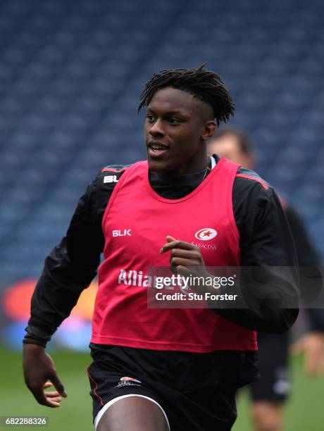 Saracens player Maro Itoje in action during the captains run before the 2017 European Rugby Champions Cup Final at Murrayfield Stadium on May 12,...