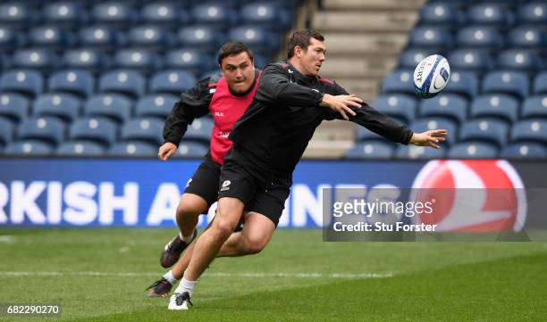 Saracens players Jamie George and Alex Goode in action during the captains run before the 2017 European Rugby Champions Cup Final at Murrayfield...