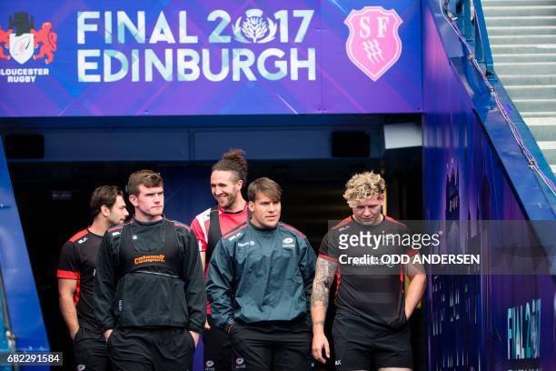 Saracens' players arrive on the pitch for the captain's run training session at Murrayfield Stadium in Edinburgh, Scotland on May 12 ahead of their...
