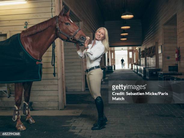 Clea Newman is photographed with her mare Tallita for Paris Match on April 24, 2017 in Salem, Connecticut.