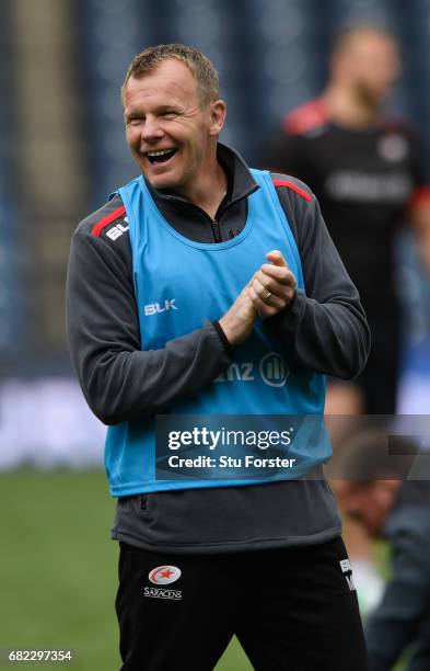 Saracens director of Rugby Mark McCall reacts during the captains run before the 2017 European Rugby Champions Cup Final at Murrayfield Stadium on...