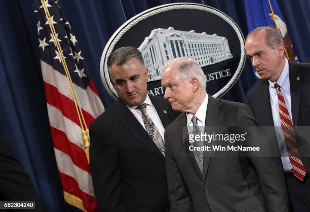 Attorney General Jeff Sessions departs an event at the Justice Department May 12, 2017 in Washington, DC. Sessions was presented with an award...