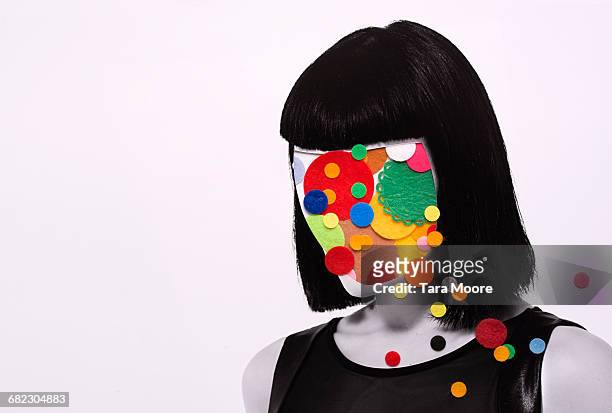 collage of woman with felt circles on head - cara oculta fotografías e imágenes de stock