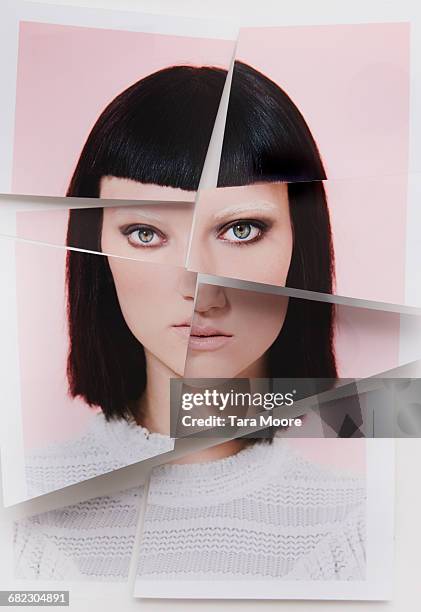 collage of broken image of woman - blue eye stockfoto's en -beelden