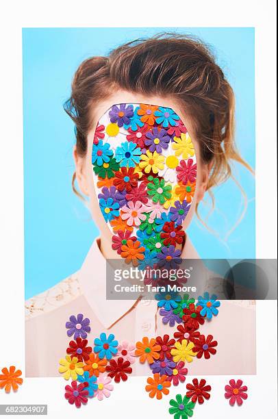 collage of woman with flowers on head - colorsurgetrend imagens e fotografias de stock
