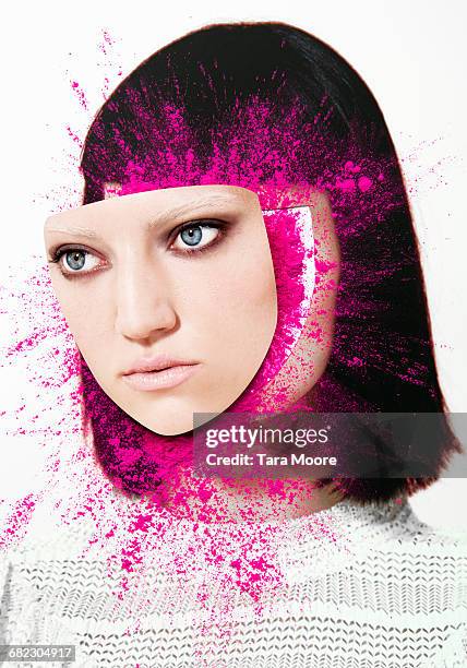 collage of woman's face exploding with colour - colorsurgetrend imagens e fotografias de stock