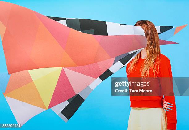 collage of woman with paper on head - colorsurgetrend imagens e fotografias de stock