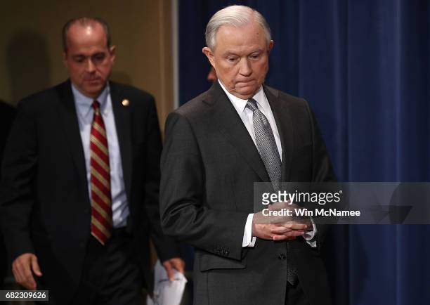 Attorney General Jeff Sessions arrives for an event at the Justice Department May 12, 2017 in Washington, DC. Sessions was presented with an award...