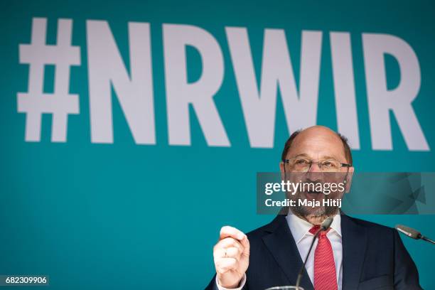 Martin Schulz, leader of the German Social Democrats speaks at the final SPD campaign rally in state elections in North Rhine-Westphalia on May 12,...