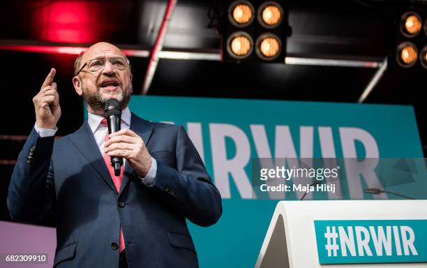 Martin Schulz, leader of the German Social Democrats speaks at the final SPD campaign rally in state elections in North Rhine-Westphalia on May 12,...