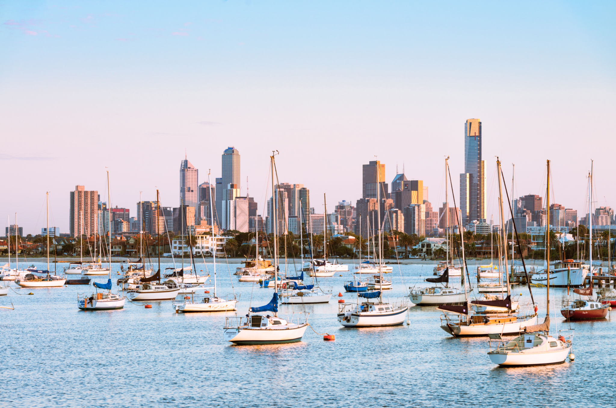 Boats moored in St Kilda, in front of the Melbourne skyline Boats moored in St Kilda, in front of the Melbourne skyline