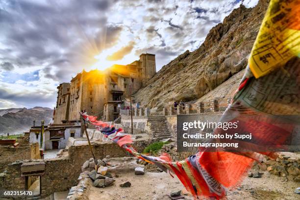 scenic of leh palace with colorful omani prayer flag with dramatic sky in leh ladakh,india - omani flag stock pictures, royalty-free photos & images